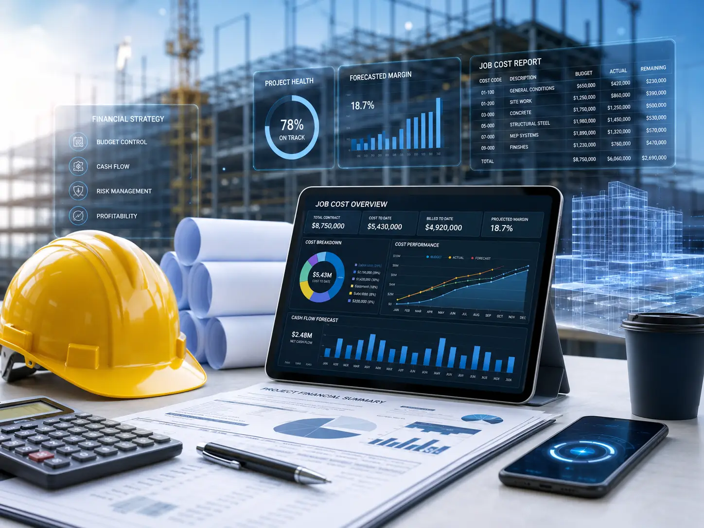 Construction finance dashboard in modern office